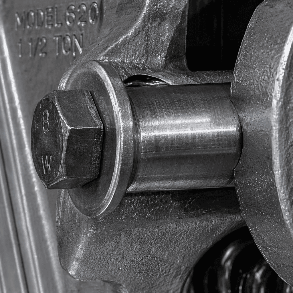 Induction hardened pivot pin and Grade 8 mounting hardware for American type scissor hoist